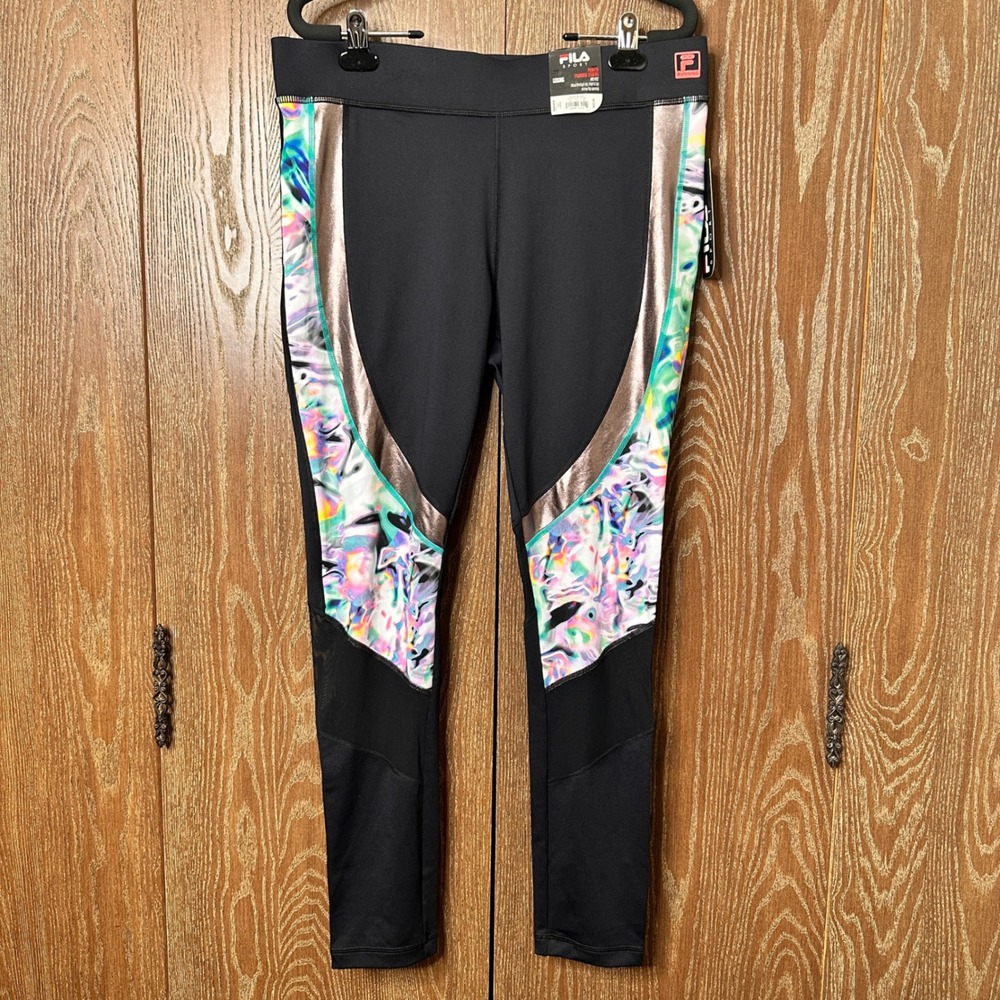 NWT Fila Sport Women Primrose Printed Leggings Black Metallic Mesh Large Athlete